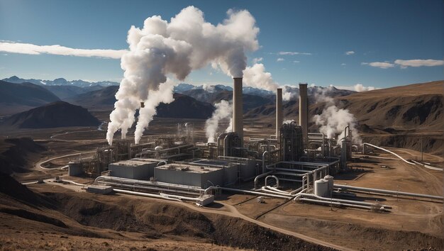 una fábrica con humo saliendo de ella y una montaña en el fondo