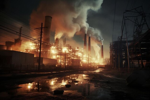 una fábrica con humo saliendo de sus pilas