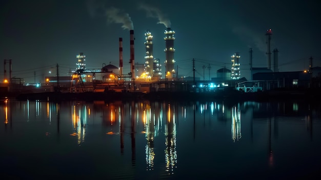 Fábrica iluminada por el agua por la noche