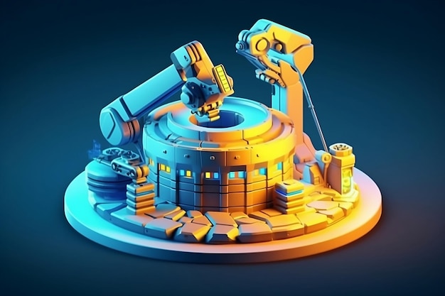 fábrica inteligente con brazo robótico 3d vista isométrica de baja poli ilustración gráfica IA generativa