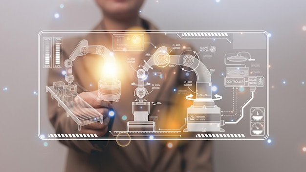 Fábrica inteligente para la cuarta revolución industrial con un gráfico de iconos que muestra el sistema de automatización