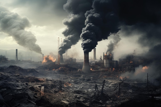 Fabrica en llamas con humo y smog Imagen conceptual contaminación del planeta y la atmósfera con emisiones nocivas AI Generado