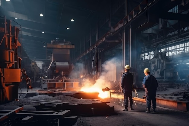 Fábrica metalúrgica com equipe de trabalhadores que processam matérias-primas em produtos finais