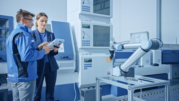 Fábrica moderna Gerente de proyecto femenina e ingeniero masculino hablando de pie y usando una tableta para programar la línea de ensamblaje del brazo robótico Instalación contemporánea con maquinaria CNC de alta tecnología