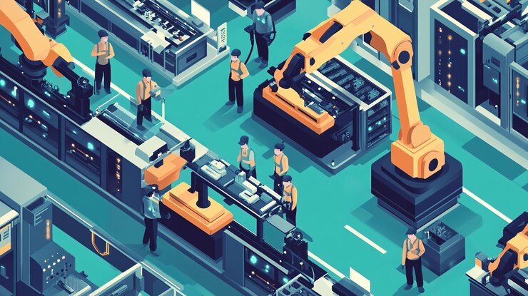 Foto fábrica moderna con maquinaria automatizada y trabajadores que ensamblan electrónica durante las operaciones diurnas en un entorno de producción bullicioso
