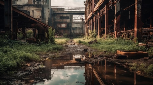 Una fábrica oxidada rodeada de agua contaminada generada por IA