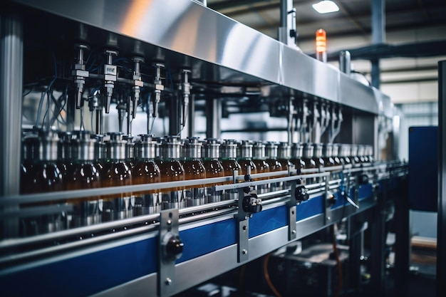 Fábrica para a produção de cerveja Transportador de cervejaria com garrafas de vidro de bebida alcoólica moderna linha de produção Fundo desfocado Produção moderna para engarrafamento de bebidas Foco seletivo