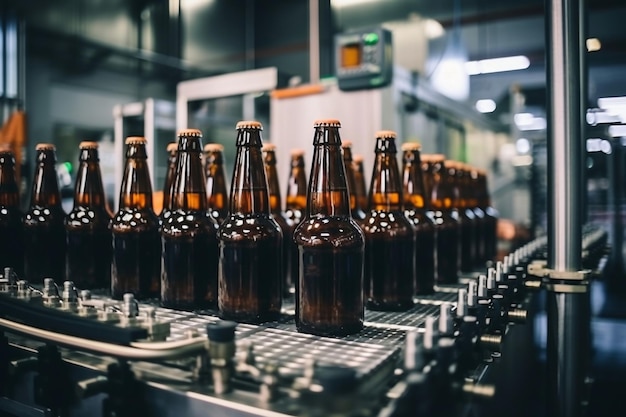 Foto fábrica para a produção de cerveja transportador de cervejaria com garrafas de vidro de bebida alcoólica moderna linha de produção fundo desfocado produção moderna para engarrafamento de bebidas foco seletivo