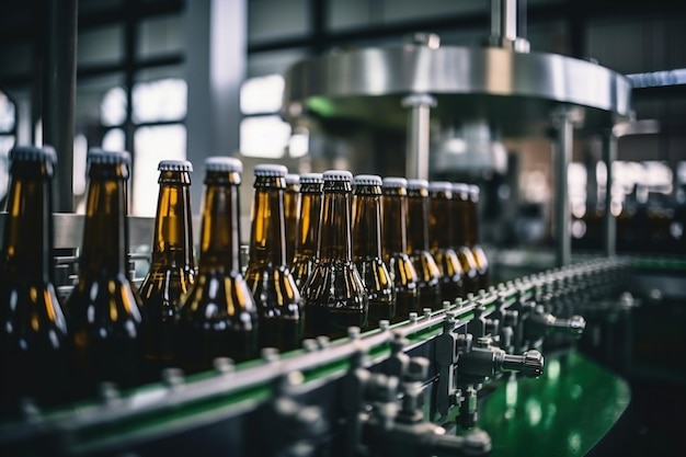 Fábrica para a produção de cerveja Transportador de cervejaria com garrafas de vidro de bebida alcoólica moderna linha de produção Fundo desfocado Produção moderna para engarrafamento de bebidas Foco seletivo