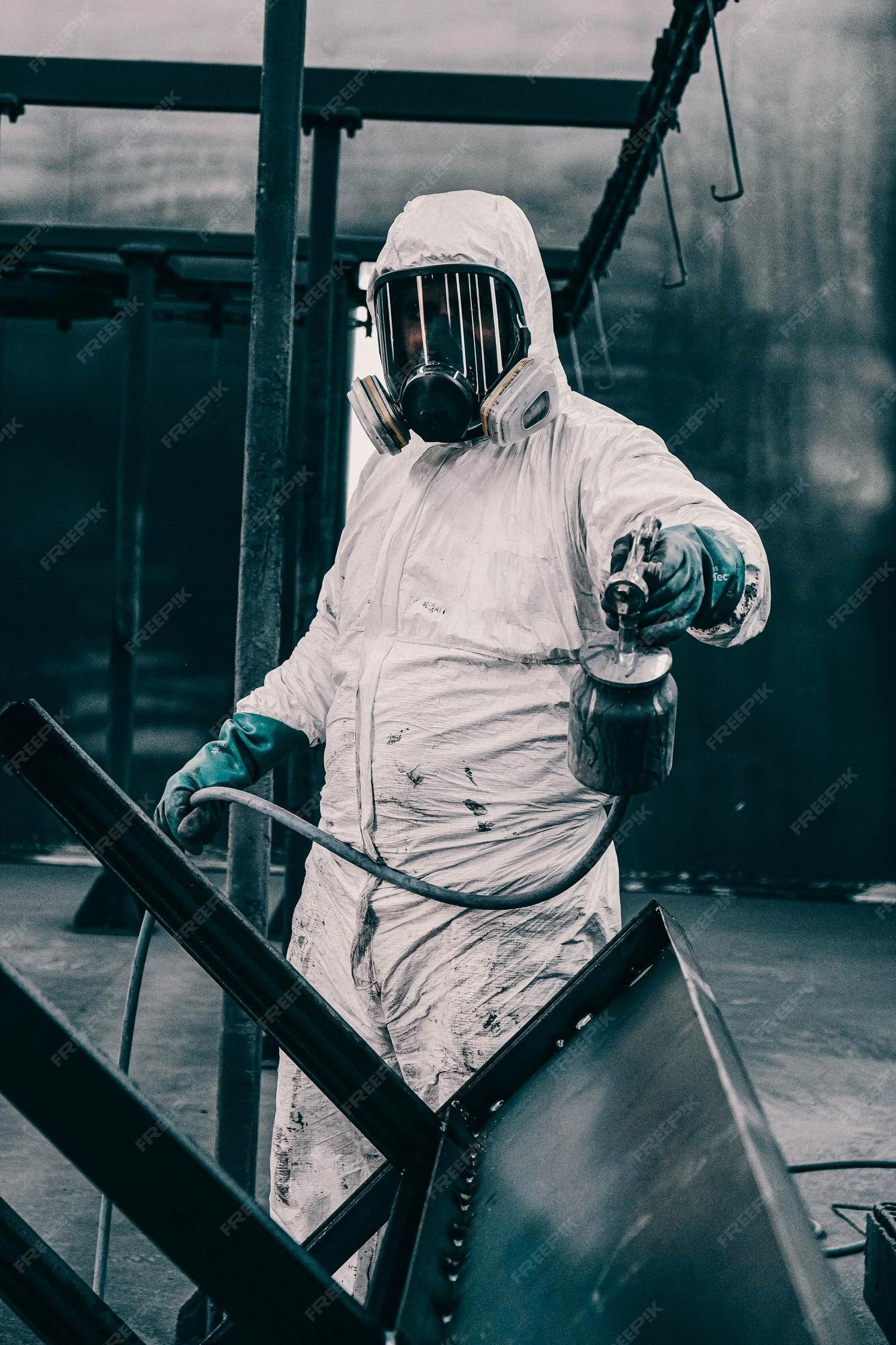 Fábrica, el personal usa ropa de protección química en el trabajo.  pulverización de pintura. | Foto Premium