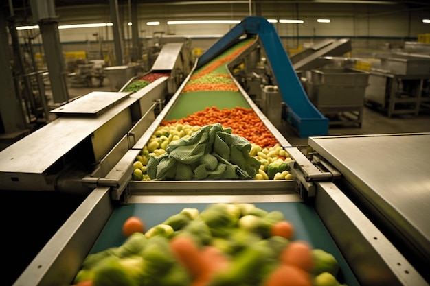 Foto en una fábrica de procesamiento de alimentos, las verduras se clasifican por su tamaño a medida que se mueven a lo largo de una cinta transportadora ai