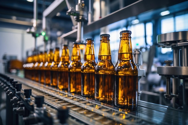 Fábrica para la producción de cerveza Transportador de cervecería con botellas de alcohol de bebida de cerveza de vidrio Línea de producción moderna Fondo borroso Producción moderna para embotellar bebidas Enfoque selectivo