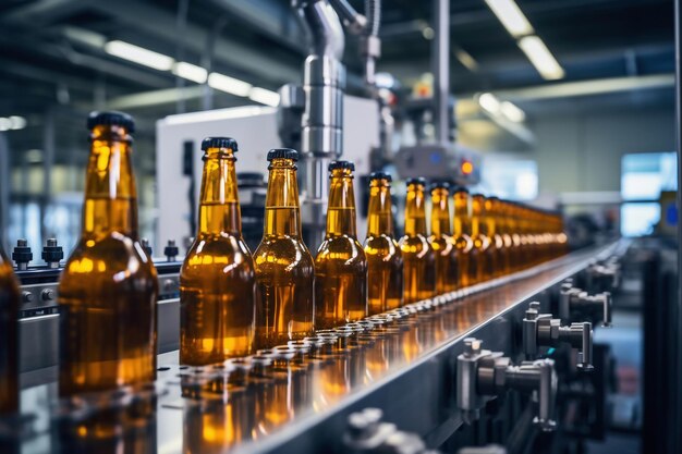 Fábrica para la producción de cerveza Transportador de cervecería con botellas de alcohol de bebida de cerveza de vidrio Línea de producción moderna Fondo borroso Producción moderna para embotellar bebidas Enfoque selectivo