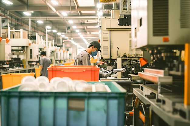 Una fábrica de producción de utensilios de plástico alberga máquinas de moldeo por inyección, moldes y líneas de ensamblaje