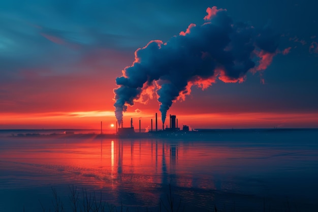 Foto una fábrica que emite humos tóxicos en el aire