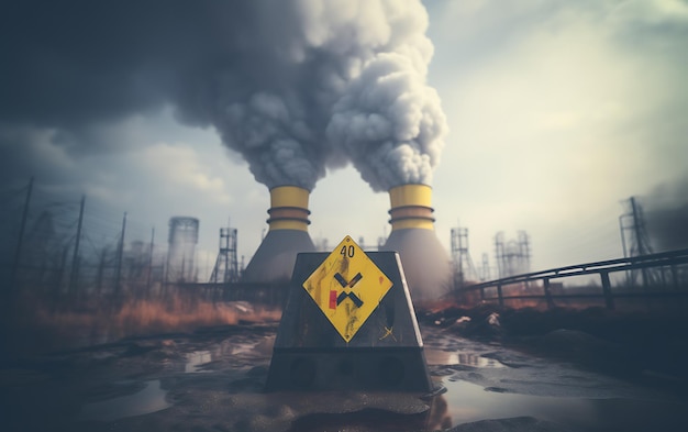 Fábrica radioativa com aviso para produtos químicos