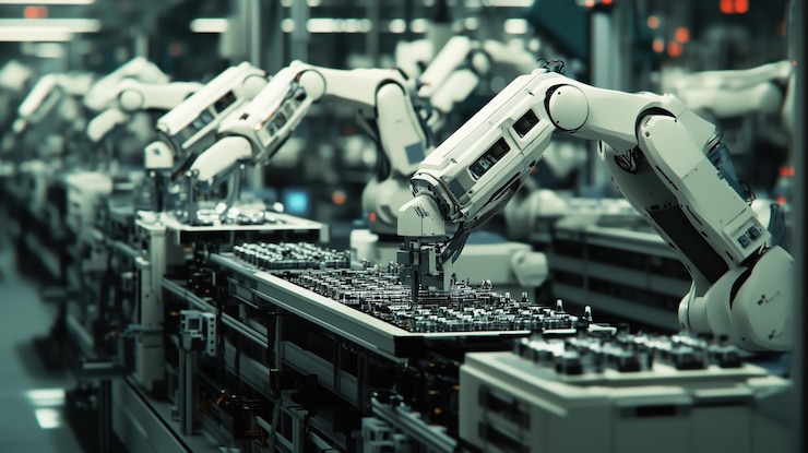 Foto una fábrica con robots trabajando en una línea de producción los robots son blancos y están trabajando en una cinta transportadora