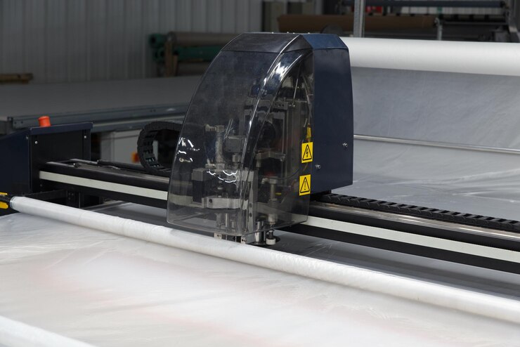 Foto fábrica de ropa industrial una tela especial de corte por láser corta ciertas piezas textiles concepto de máquina láser trabajo en una fábrica corte automático