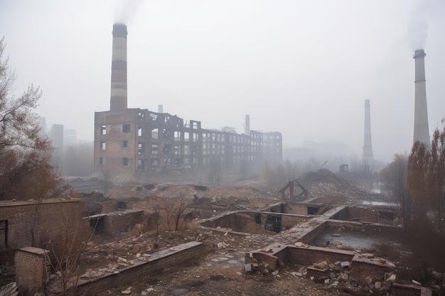 Fábrica en ruinas con maquinaria rota todavía sale humo de las chimeneas