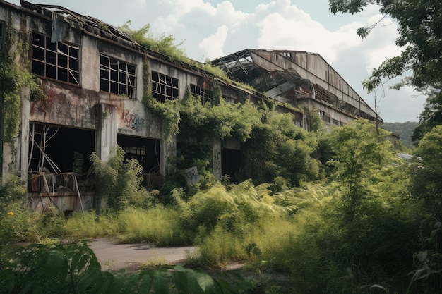 Fábrica en ruinas con ventanas rotas y techo derrumbado rodeado de vegetación cubierta