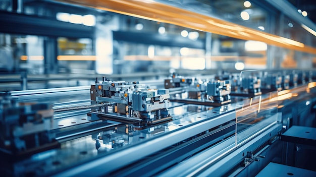 Una fábrica de tecnología industrial presenta una línea de montaje lineal que resalta la esencia del proceso de producción.