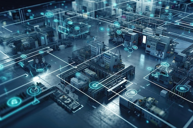 Fábrica ultramoderna que incorpora o conceito da Indústria 40, apresentando a integração de tecnologias avançadas para otimizar a eficiência e a sustentabilidade Criada com IA generativa