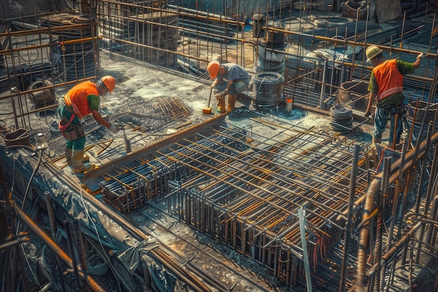 Fabricação de barras de reforço de aço no local de construção por trabalhadores