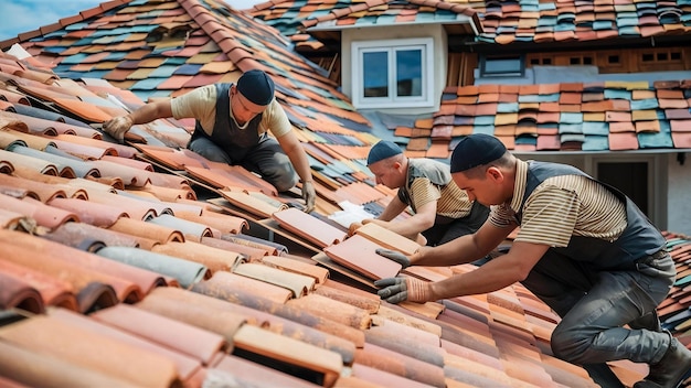Fabricação do telhado de uma casa familiar a partir de telhas de cerâmica