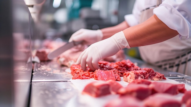 Foto fabricação moderna de carne limpa de perto trabalhadores mãos foco seletivo