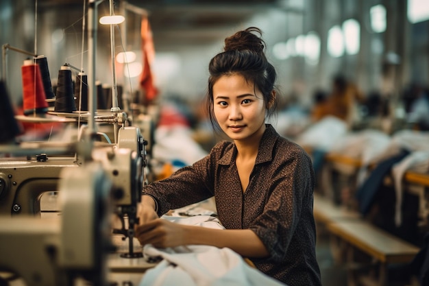 Fabricação têxtil em andamento por um trabalhador asiático