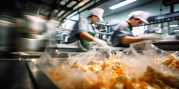 Fabricación moderna de alimentos con trabajadores involucrados activamente en el proceso de producción, garantizando la calidad y seguridad del producto.