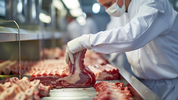 fabricación moderna de carne limpia de cerca los trabajadores manos enfoque selectivo