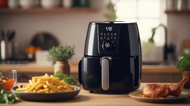 Un fabricante de alimentos negro con el tiempo a las 5: 55 en una mesa de madera.