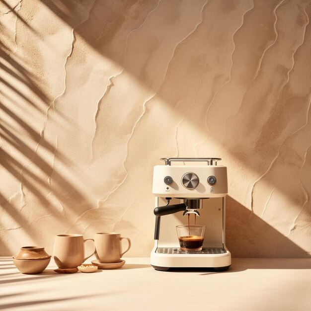 Foto un fabricante de café se sienta en una mesa con tazas de café y tazas de cafe