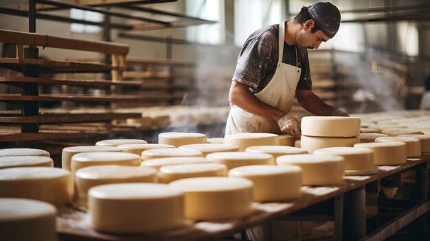 Fabricante de queijo artesanal fazendo rodas de queijo à mão em uma oficina