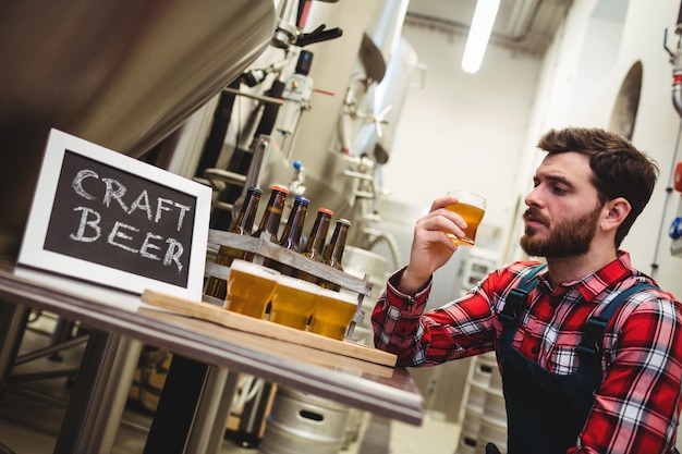 Fabricante que examina a cerveja na cervejaria