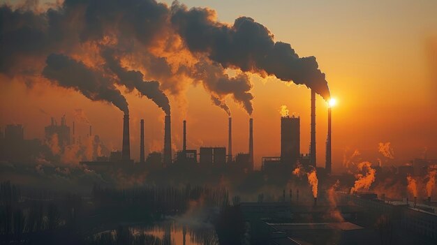 Fábricas e instalaciones de producción que emiten mucho humo y smog de las chimeneas