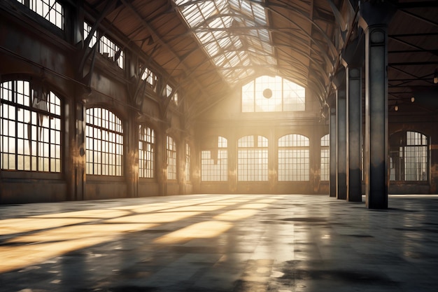 Fabrik mit großen Fenstern und Sonnenaufgang