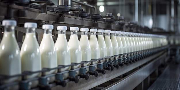 Foto fabrik zur herstellung von milchmilch in weißen flaschen auf einem förderband