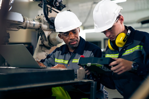 Fabrikarbeiter, die in einer Werkstatt mit einem geschickten Roboterarm arbeiten