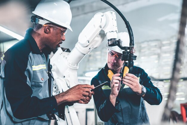 Fabrikarbeiter, die in einer Werkstatt mit einem geschickten Roboterarm arbeiten