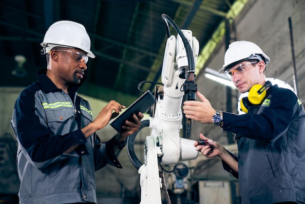 Fabrikarbeiter, die in einer Werkstatt mit einem geschickten Roboterarm arbeiten