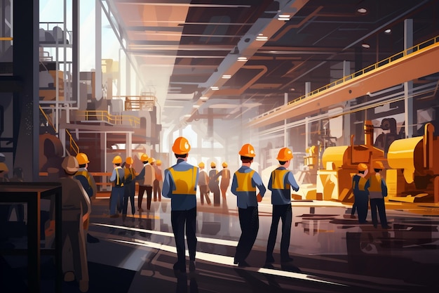 Fabrikarbeiter in Arbeitsbekleidung und gelben Helmen gehen durch die industrielle Produktionshalle