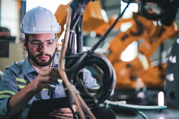 Fabrikarbeiter-Ingenieur inspiziert elektrische Kabel an der Maschine. Arbeiter arbeitet an schwerer Maschine in der Fabrik