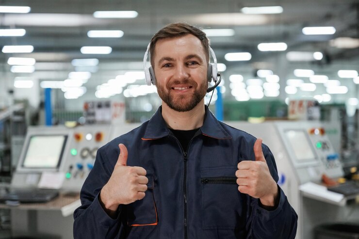 Foto fabrikarbeiter mit hut im innenraum