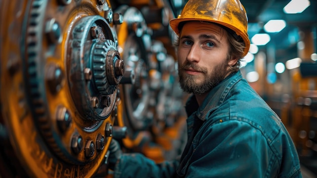 Fabrikarbeiter mit Schutzausrüstung, der eine große hydraulische Presse mit dramatischem Winkel betätigt