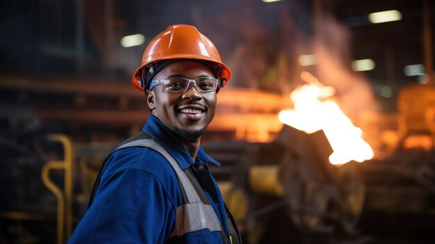 Fabrikarbeiter mit Schutzhelm im Hintergrund einer Produktionslinie