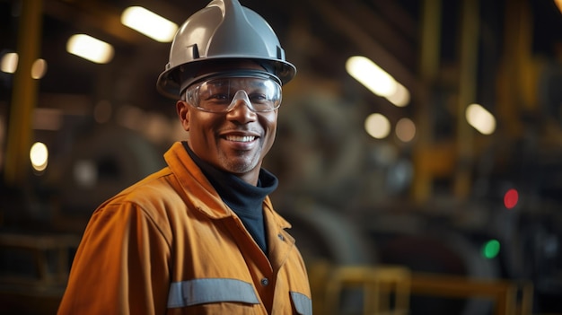 Fabrikarbeiter mit Schutzhelm im Hintergrund einer Produktionslinie