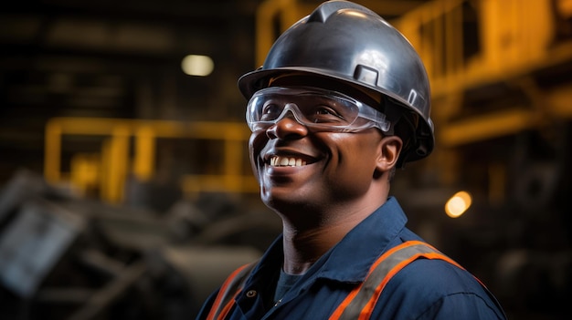 Fabrikarbeiter mit Schutzhelm im Hintergrund einer Produktionslinie