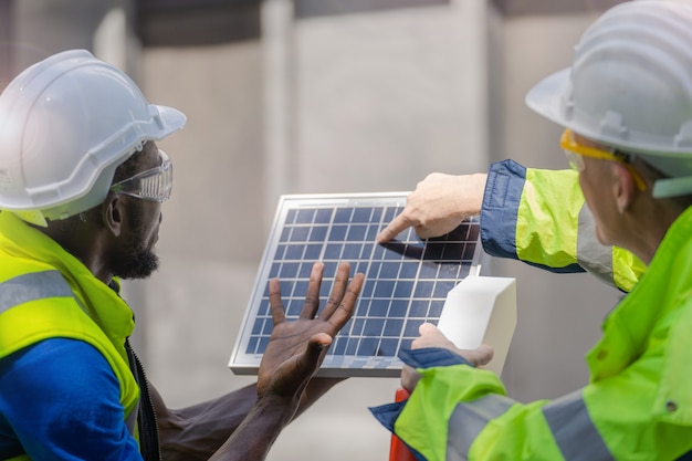 Fabrikarbeiter Techniker Ingenieur Männer zeigen und überprüfen Solarzellen-Panel auf nachhaltige Technologie mit Arbeitsanzug und Helm.